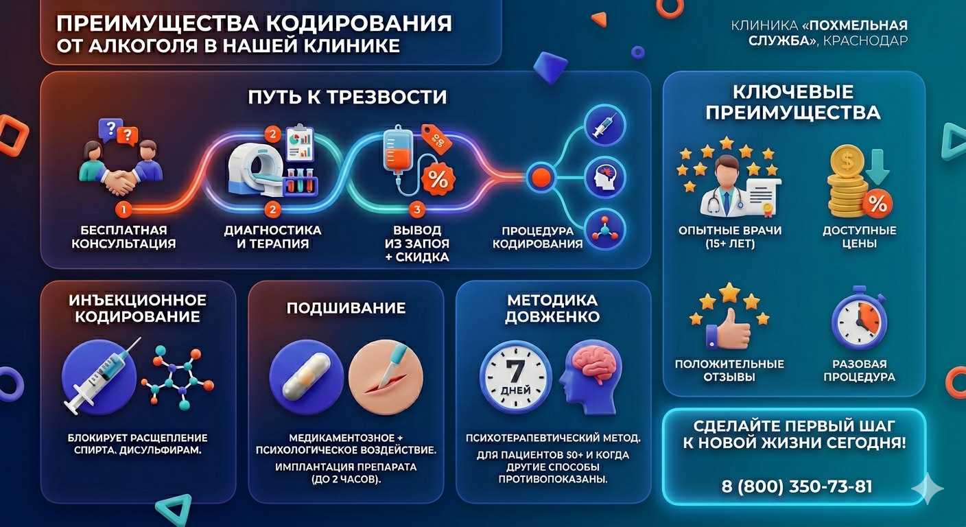 Инфографика о методах кодирования от алкоголя в Нефтеюганске: инъекции, подшивание, метод Довженко. Преимущества клиники и этапы лечения.