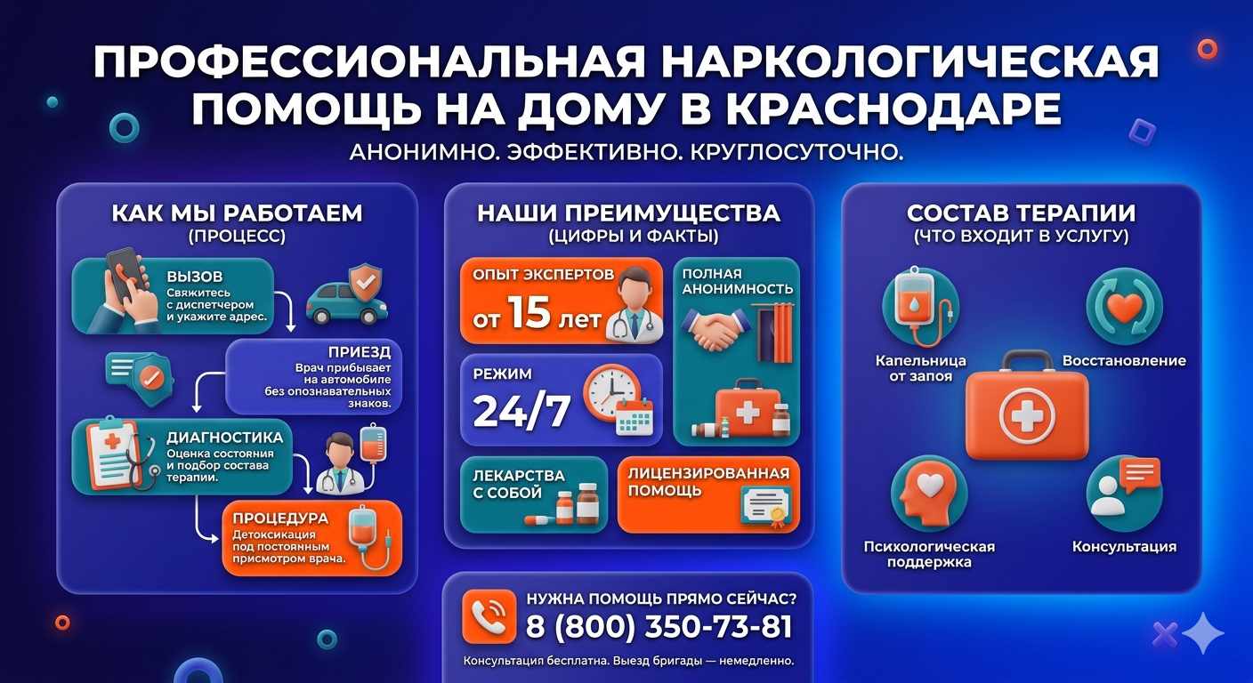 Инфографика о принципах лечения алкоголизма на дому в Нефтеюганске: этапы вызова нарколога, преимущества анонимной детоксикации и состав медицинской помощи.